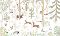 Frisky Forest Green wall mural with illustrated forest scene and soft earthy tones