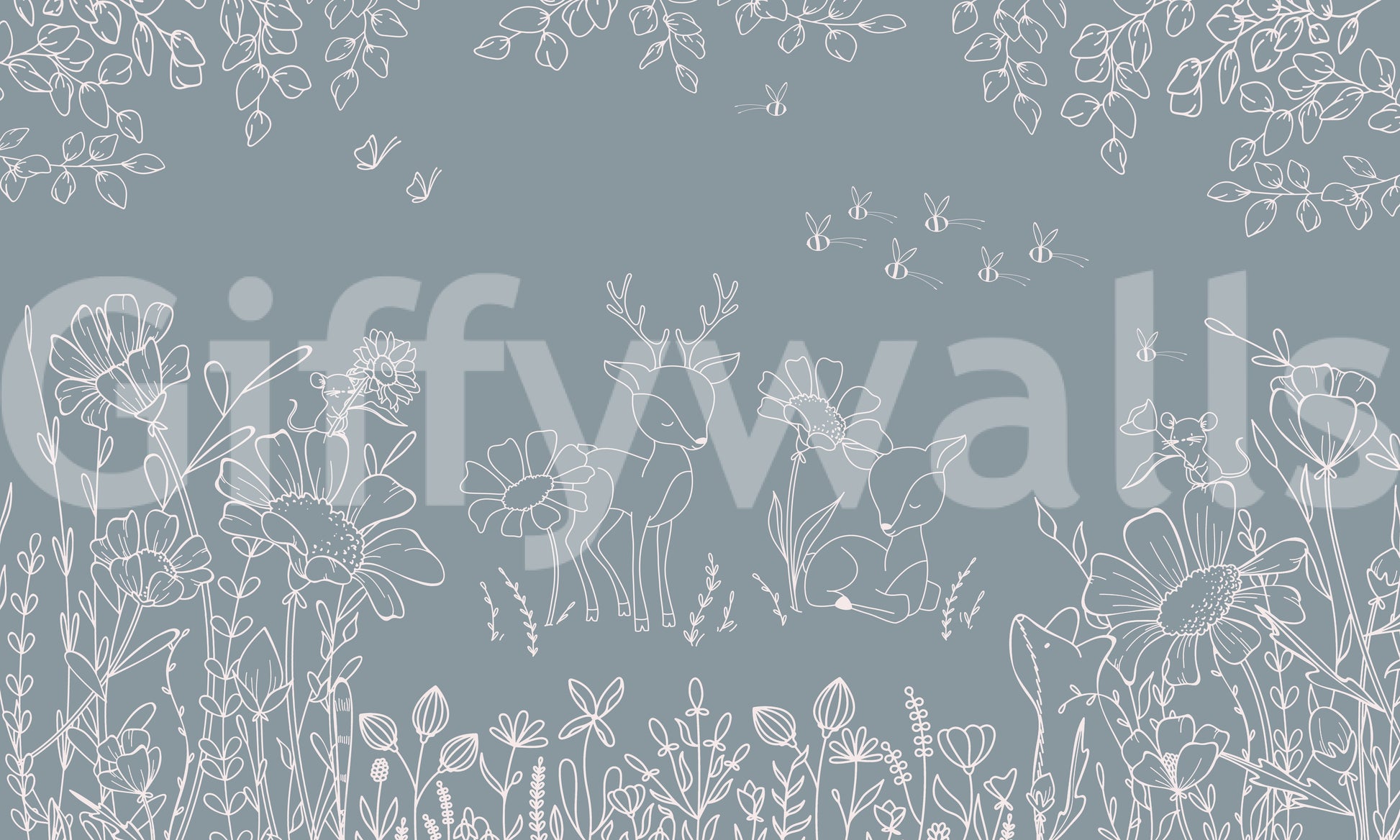 Blue woodland wall mural featuring deer sketches and delicate floral elements