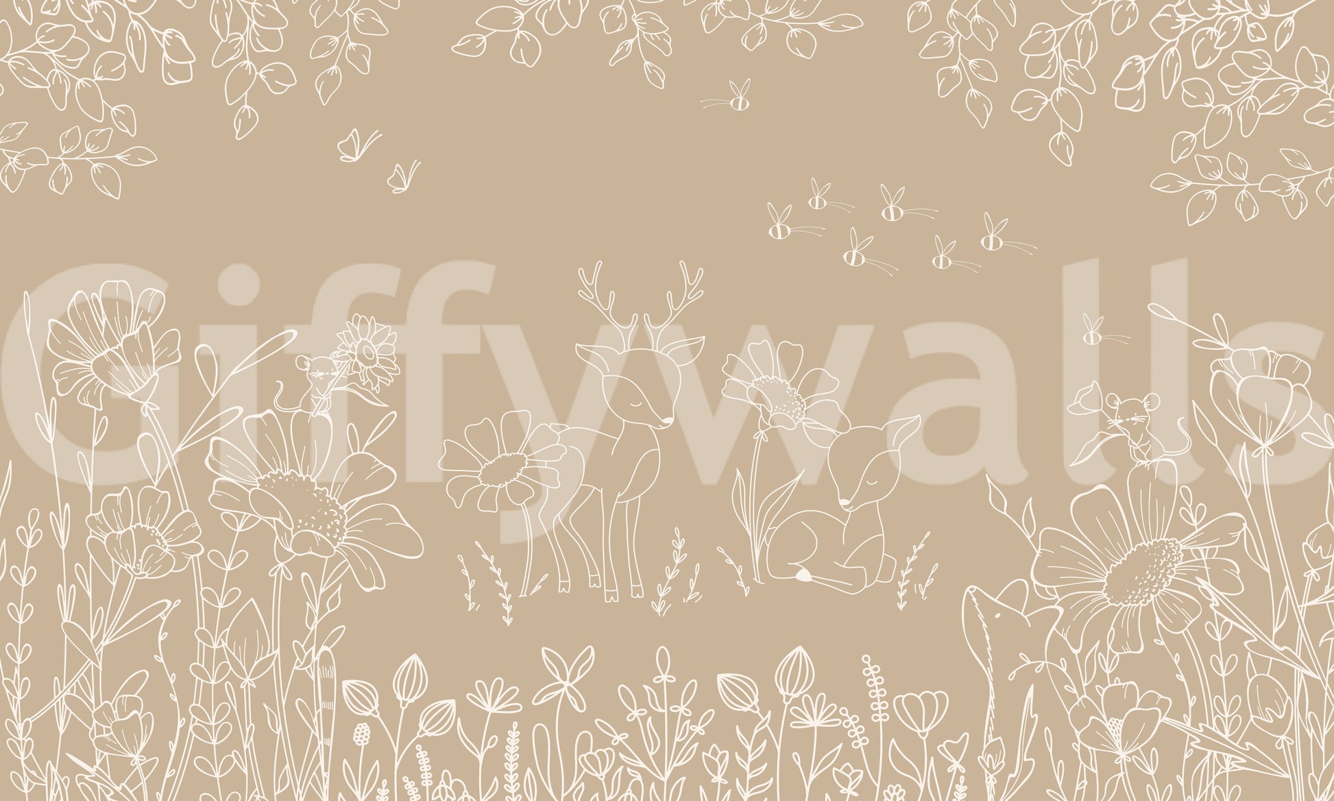 Brown woodland wall mural featuring deer sketches and delicate floral elements