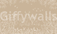 Brown woodland wall mural featuring deer sketches and delicate floral elements