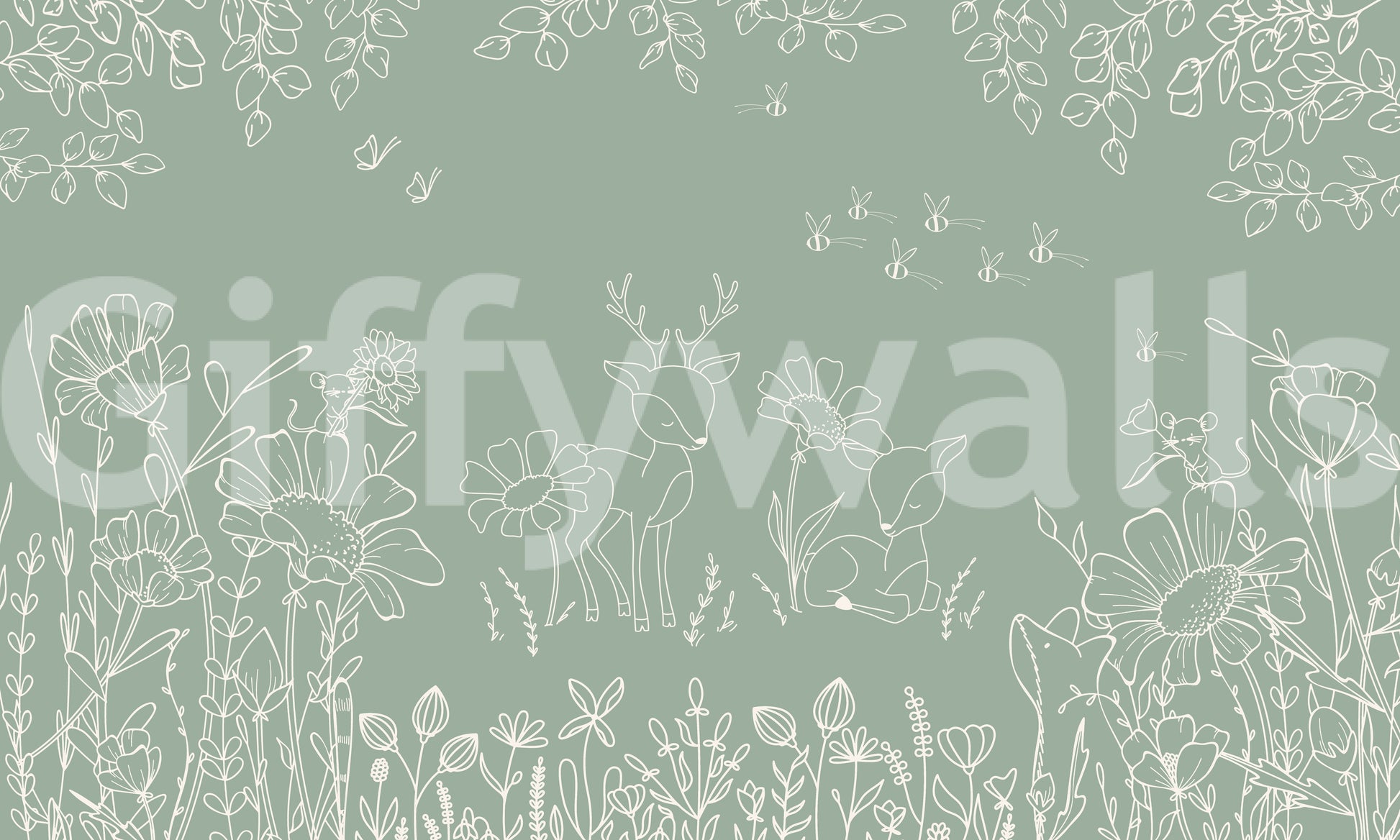 Green floral wall mural with woodland animals and fine outline illustration style