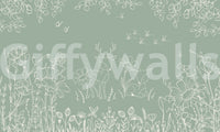 Green floral wall mural with woodland animals and fine outline illustration style