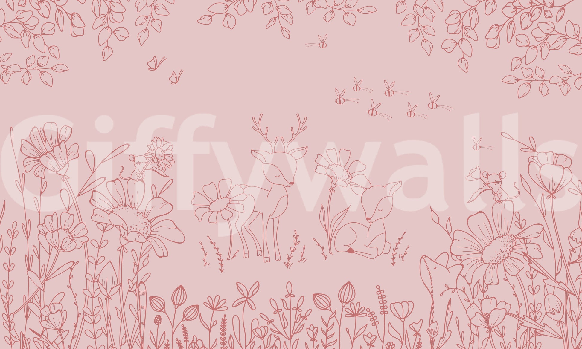 Pink floral wall mural with woodland animals and fine outline illustration style