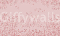 Pink floral wall mural with woodland animals and fine outline illustration style