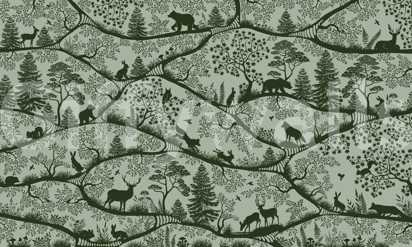 Nordic woodland animals wall mural layered trees green green pattern