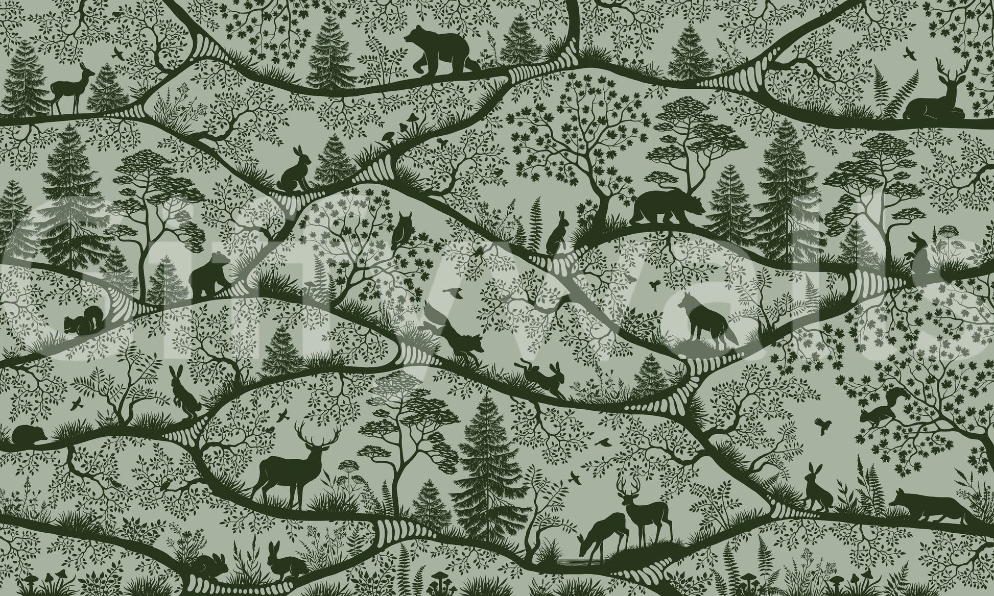 Nordic woodland animals wall mural layered trees green green pattern