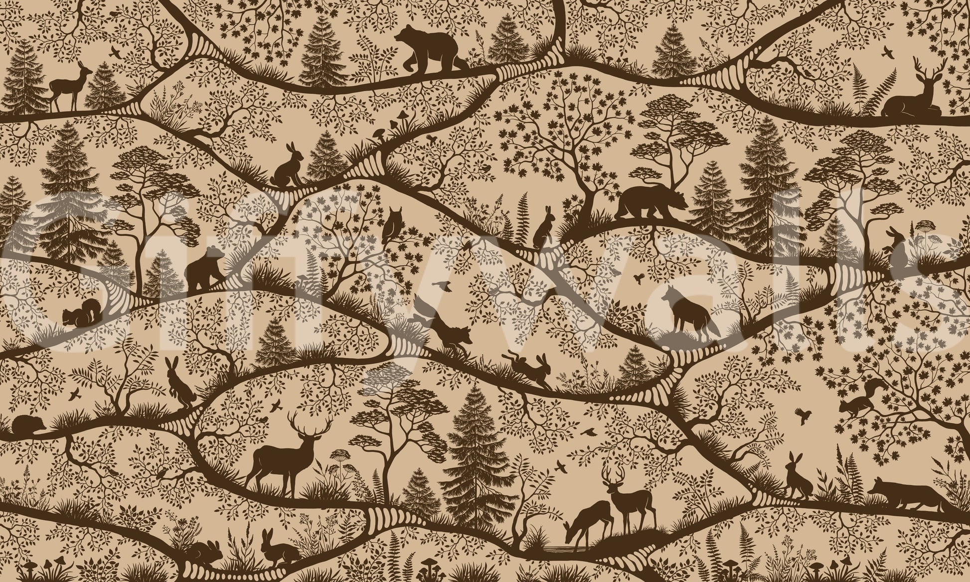 Nordic woodland animals wall mural layered trees beige brown pattern