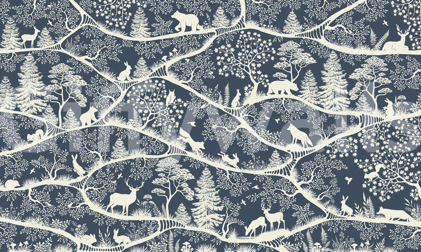 Nordic woodland animals wall mural layered trees blue white pattern