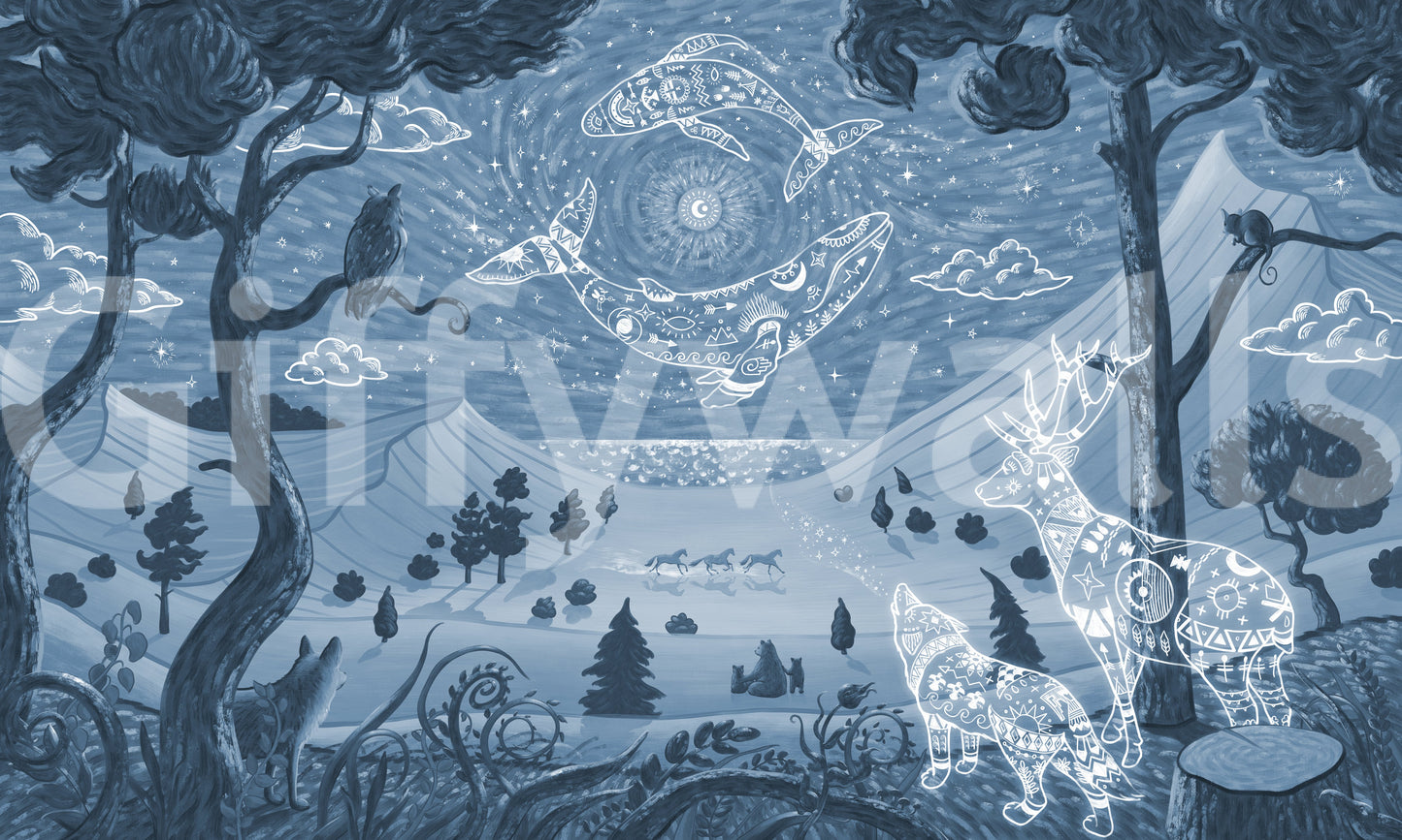 Spiritual forest sky mural spirit night animals blue wall mural