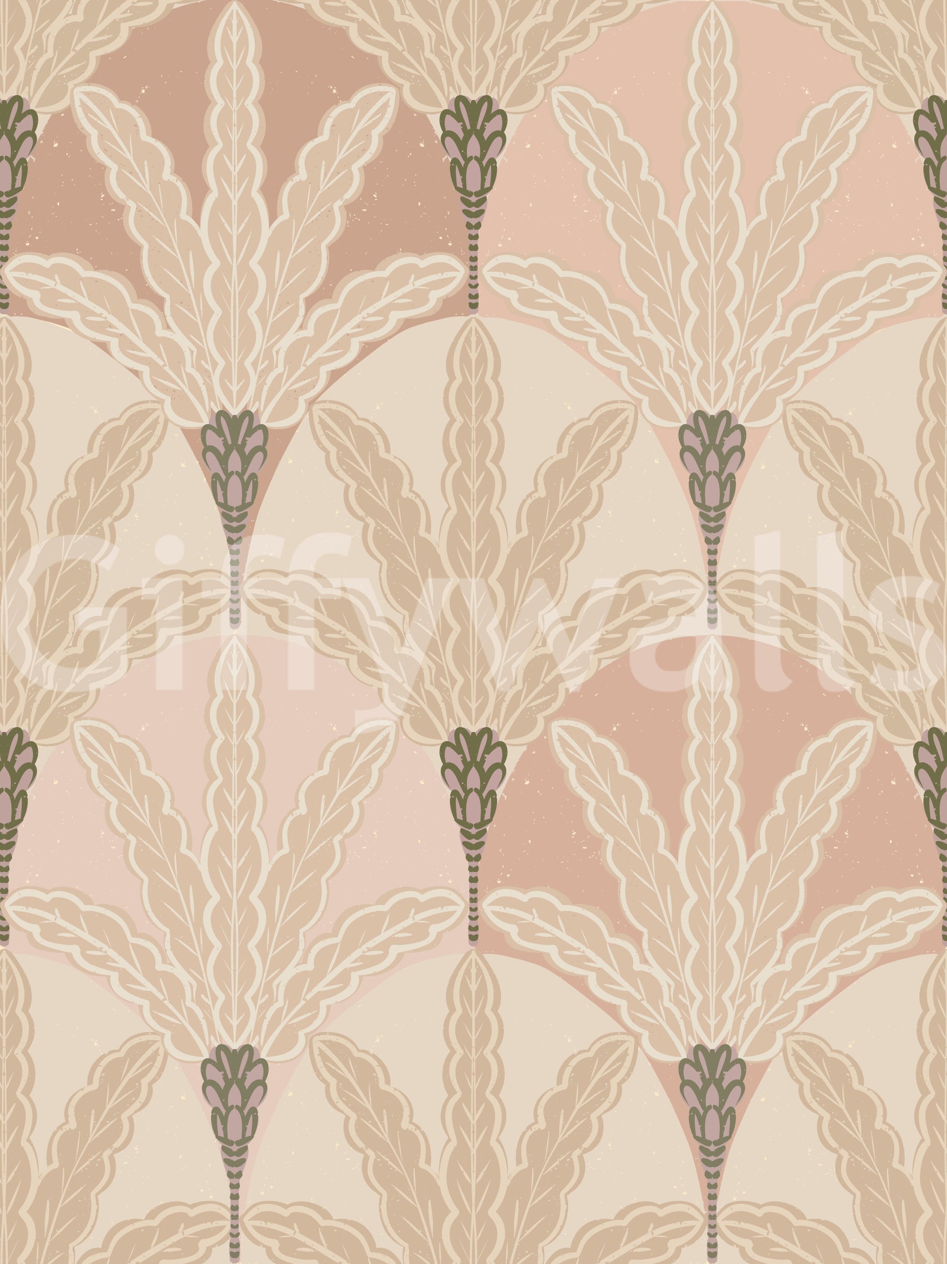 Blush deco foliage wallpaper with soft ivory leaf plumes in an elegant vintage repeat