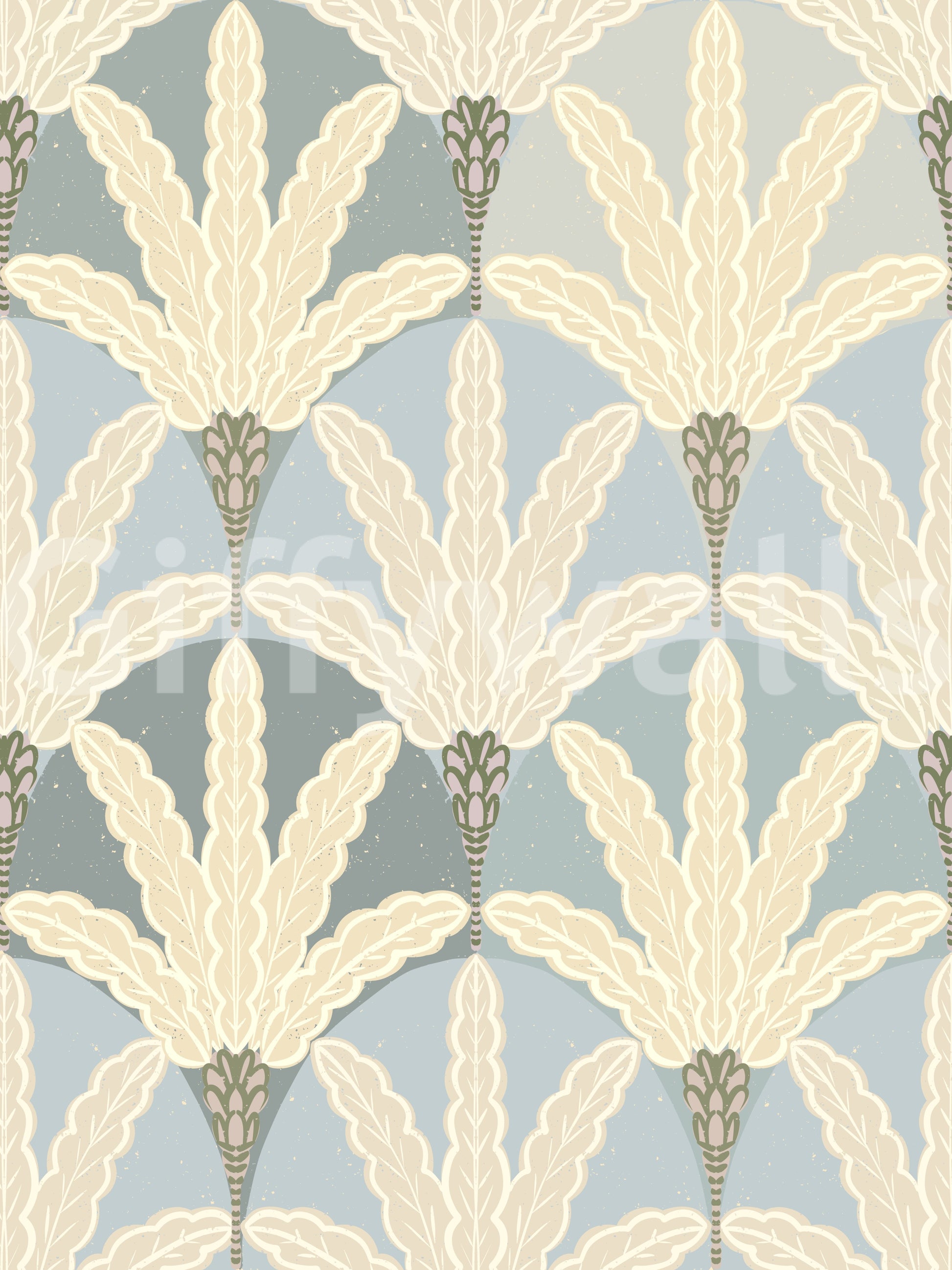 Serene deco foliage wallpaper with cream leaf motifs in soft art deco symmetry