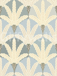 Serene deco foliage wallpaper with cream leaf motifs in soft art deco symmetry
