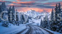 Winter peak route wall mural showing frosted pines and a winding alpine road scene