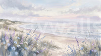 Seaside dune blooms mural with pastel flowers and ocean waves