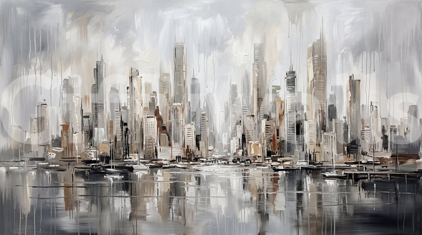 Cityscape reflection wall mural with painted skyline and calm waterfront