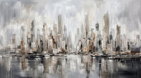Cityscape reflection wall mural with painted skyline and calm waterfront