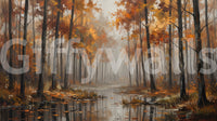 Misty autumn reflections wall mural with woodland trees and still water
