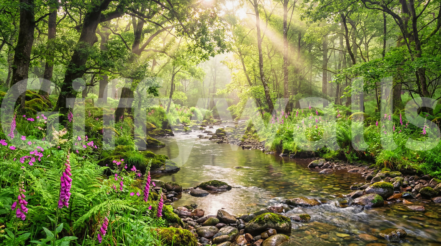 Sunlit Woodland Stream Wall Mural