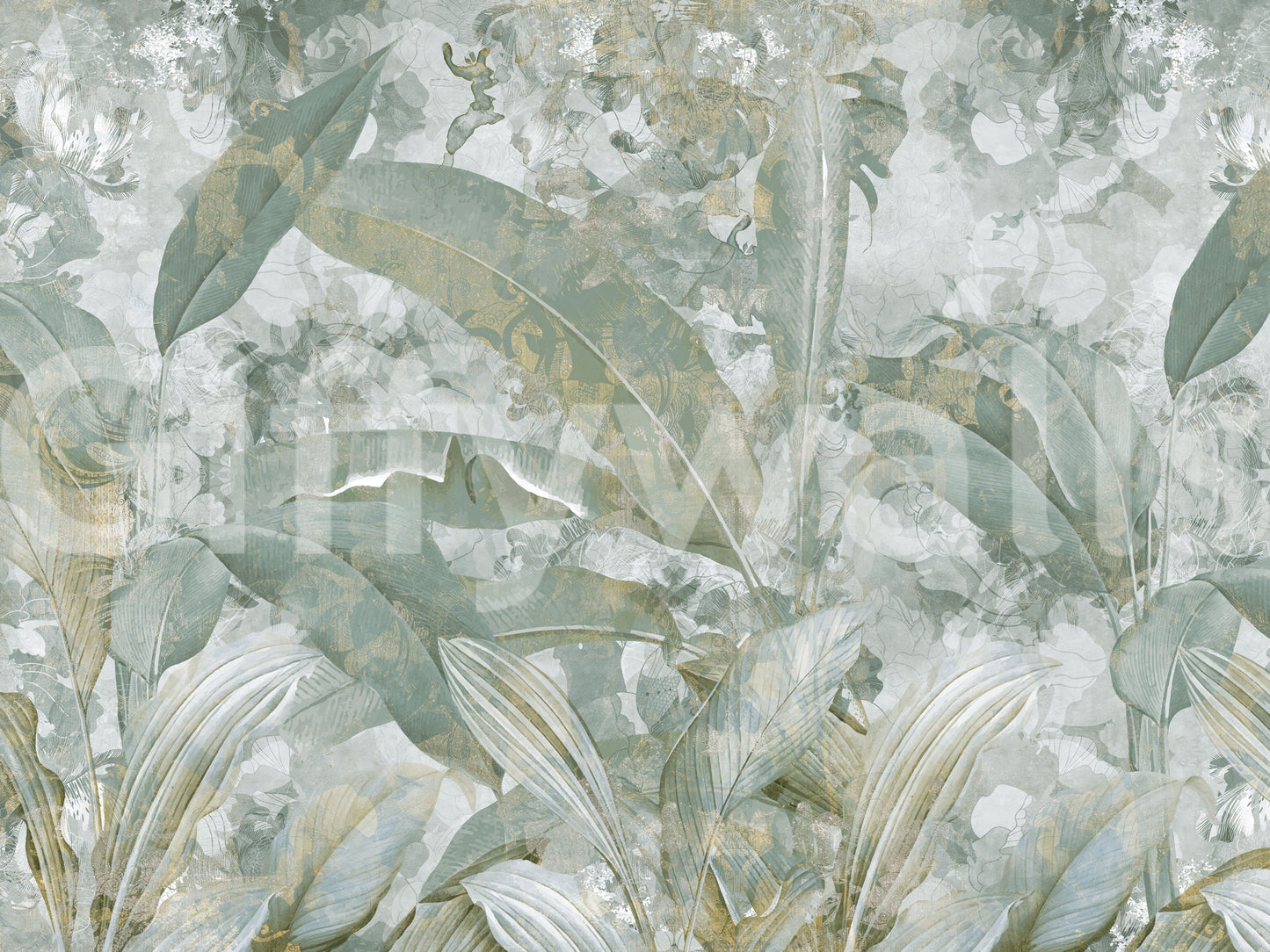 Sage Green Tropical Botanical wall mural with soft gradient leaf effect