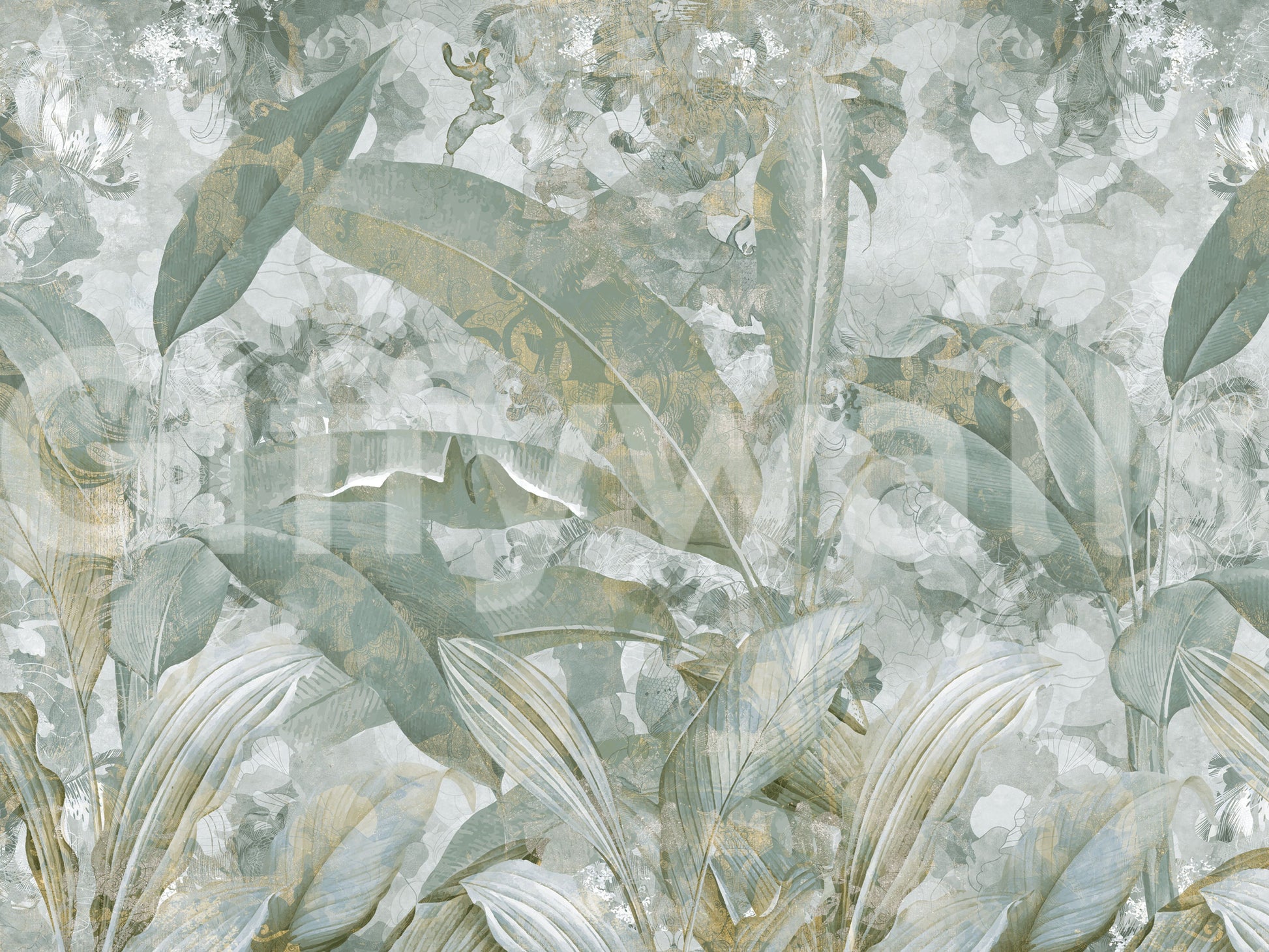 Sage Green Tropical Botanical wall mural with soft gradient leaf effect