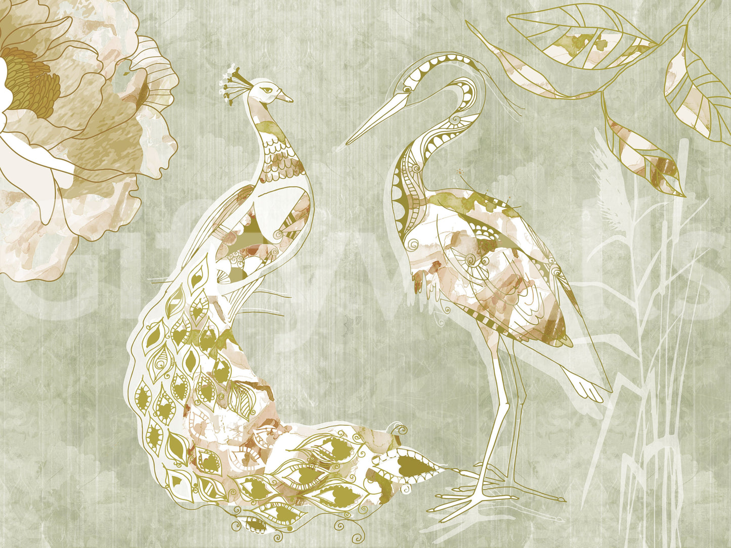 Emerald Green Peacock wall mural with muted green and beige tones