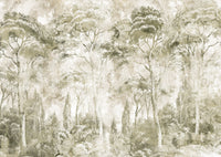 Sepia Pine Forest Landscape wall mural with faded woodland composition