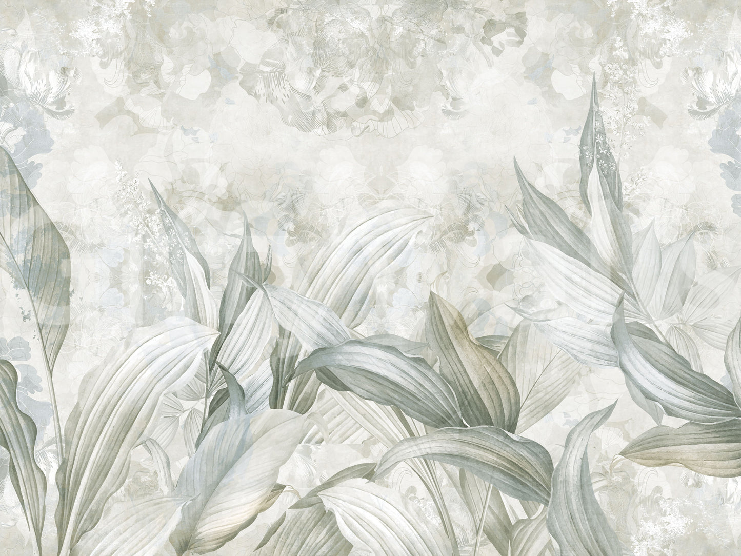 Soft Neutral Botanical wall mural with soft beige foliage pattern