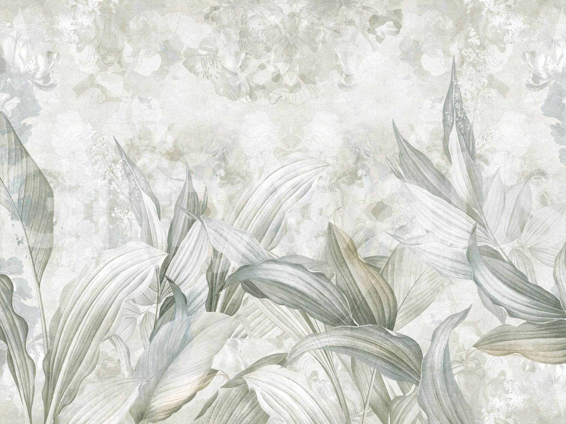 Soft Neutral Botanical wall mural with soft beige foliage pattern