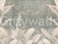 Misty Forest Landscape wall mural with beige leaves and green texture