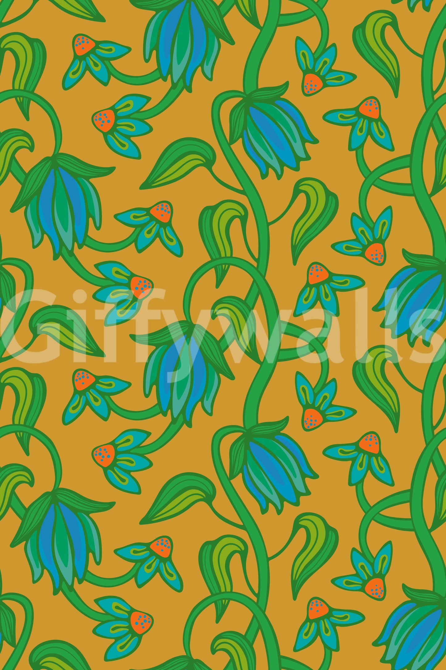 Ophelia Boho Blossoms Floral Tropical Blue Green on Mustard Yellow Wallpaper⁠