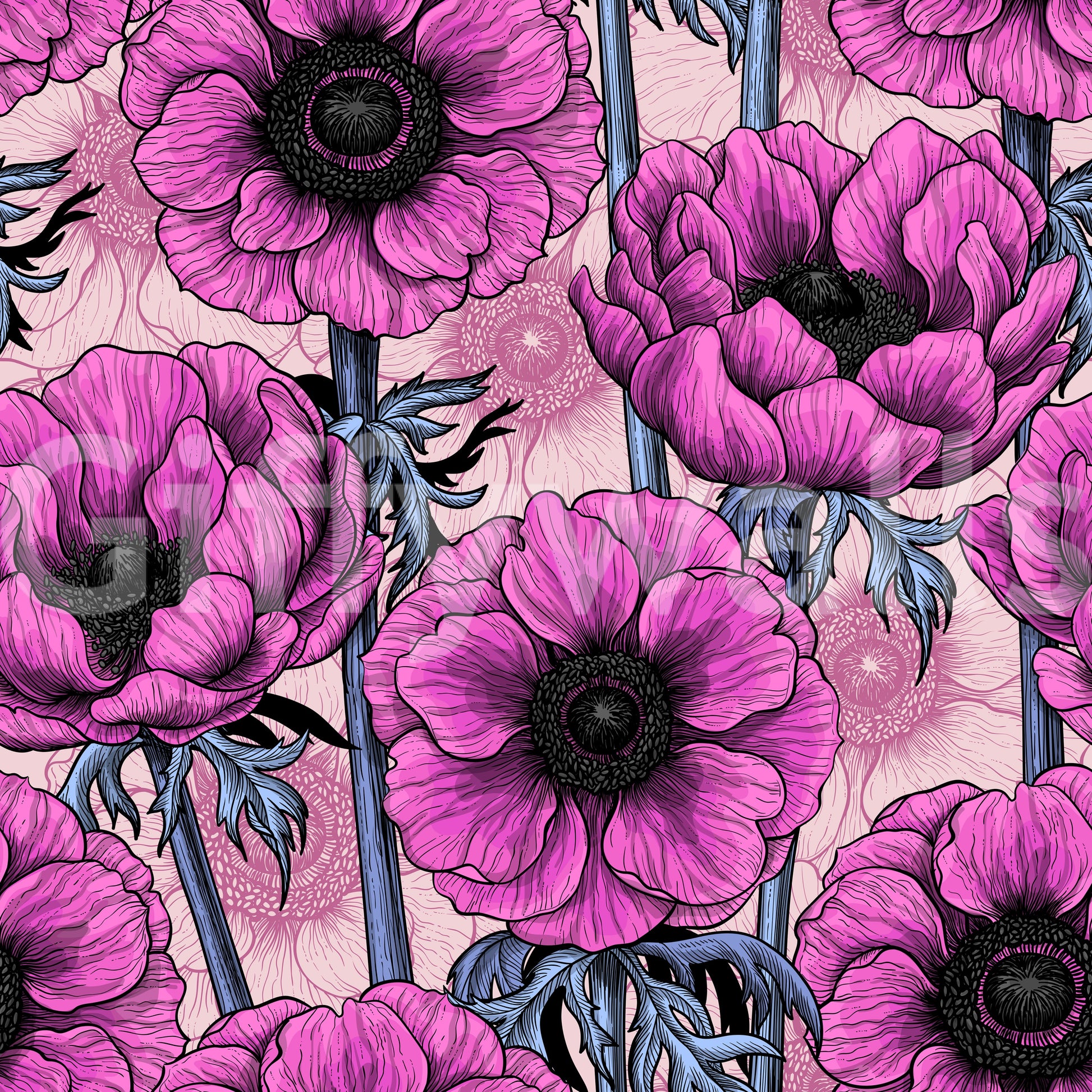 Elegant pink botanical wallpaper with Pink Anemone Garden composition
