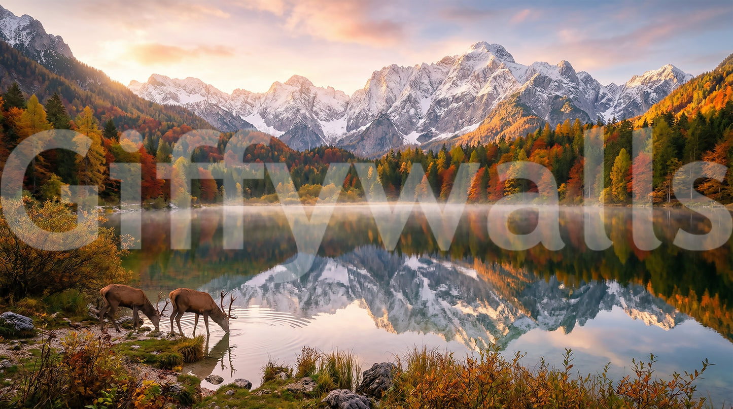 Alpine Autumn Reflection with Deer wall mural with fall colors and wildlife