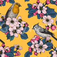 Birds and Blossoms on Yellow wallpaper with layered botanical elements