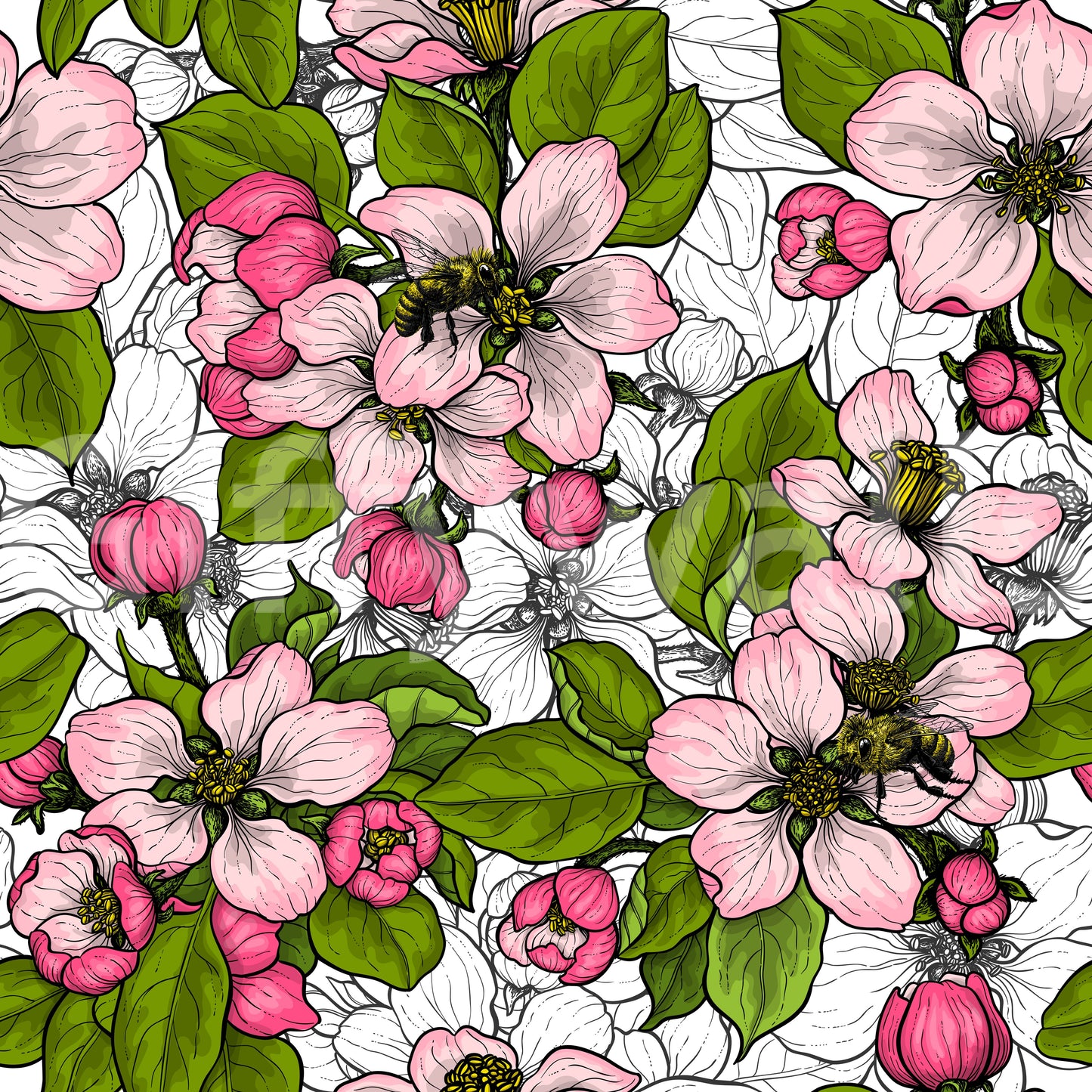 Apple Blossom on White wallpaper with fine botanical line elements