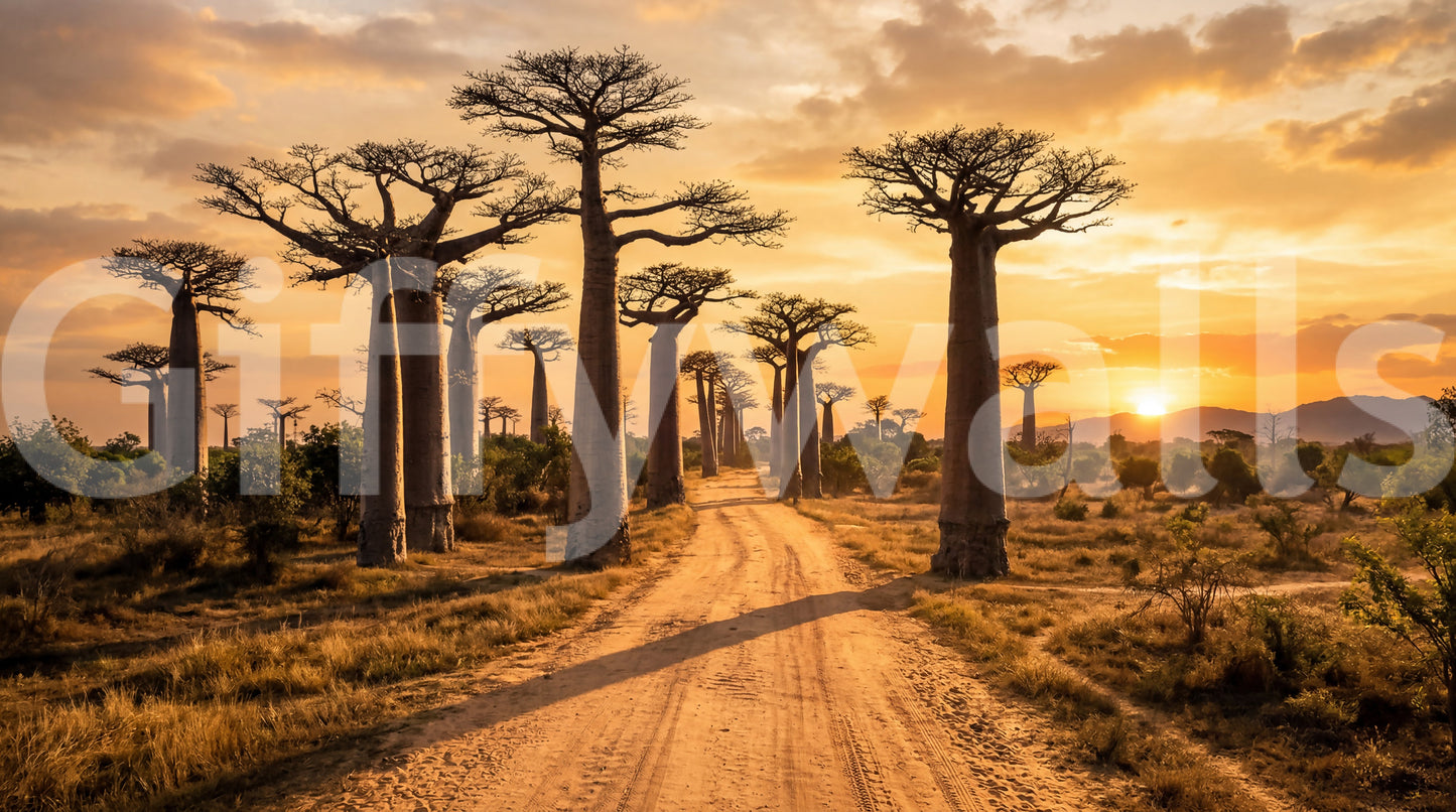 Golden Baobab Path wall mural with detailed tree textures and depth