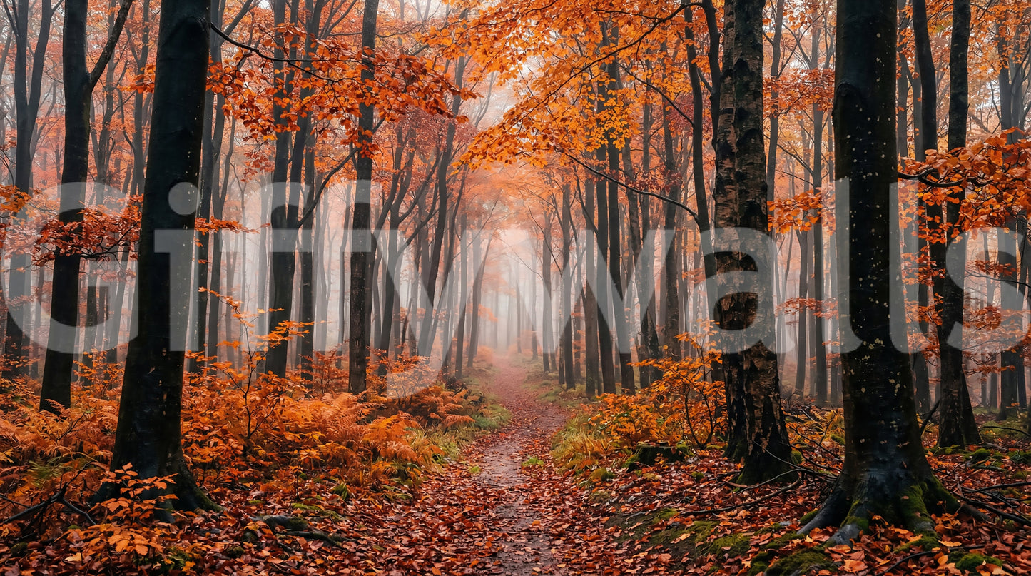 Misty Autumn Forest Path wall mural with warm tones and soft lighting