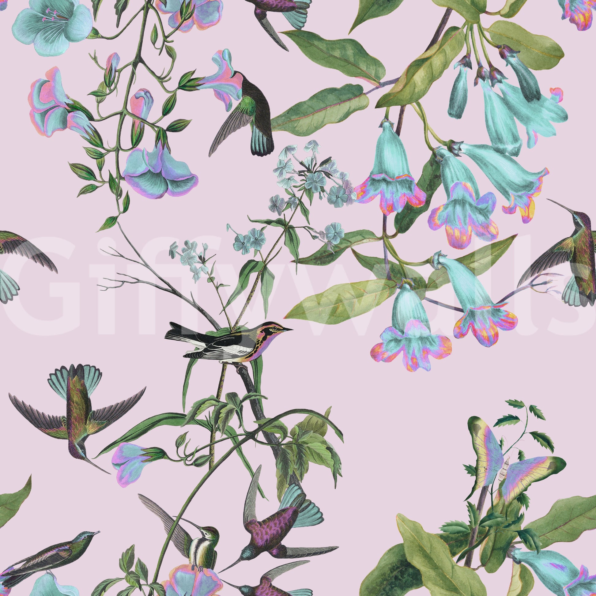 Lavender ground highlights Enchanted Flowers wallpaper with airy bird artwork