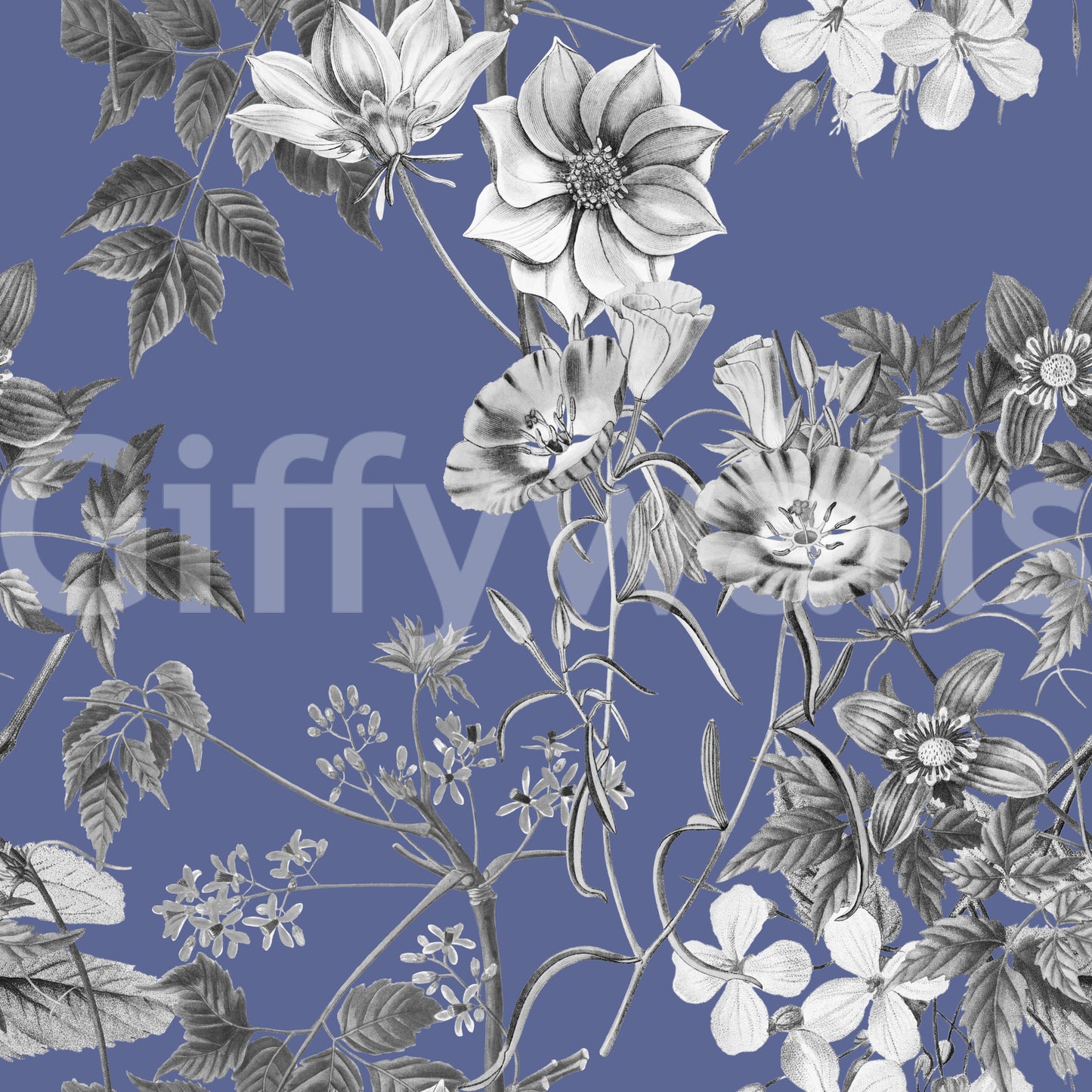 Soft blue wallpaper featuring Vinca flower sketches and grey leaves