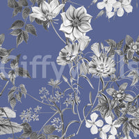 Soft blue wallpaper featuring Vinca flower sketches and grey leaves