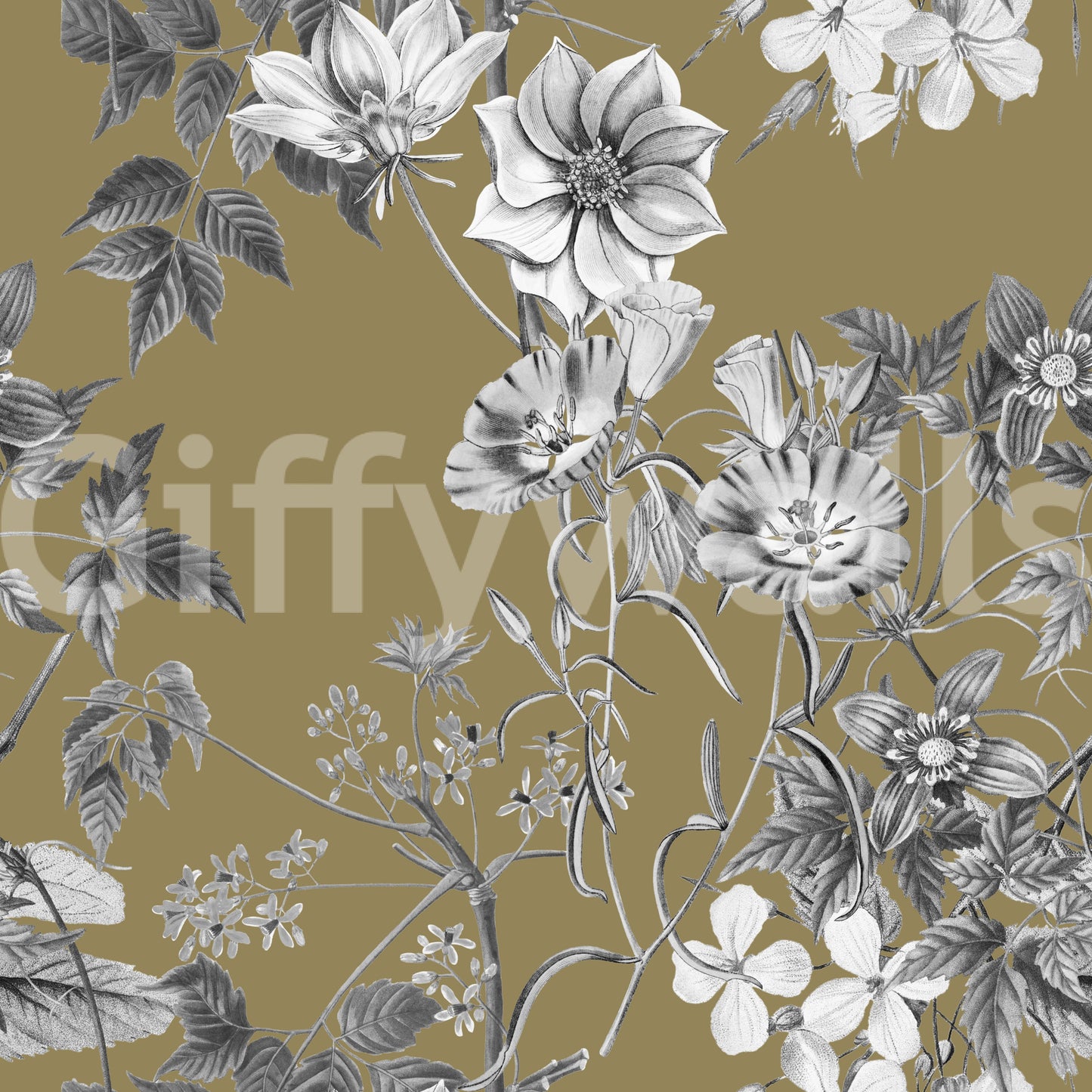 Gold tone wallpaper featuring Botanical Prints with black white florals