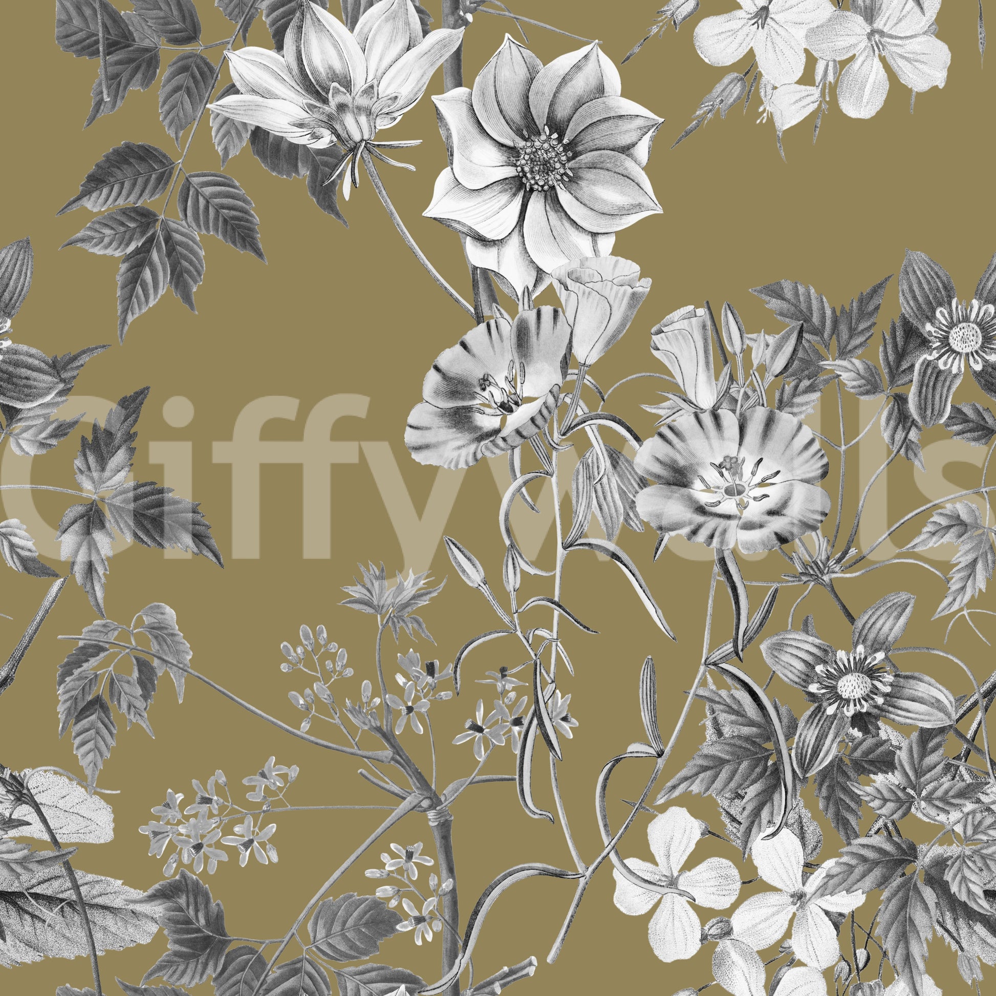 Gold tone wallpaper featuring Botanical Prints with black white florals