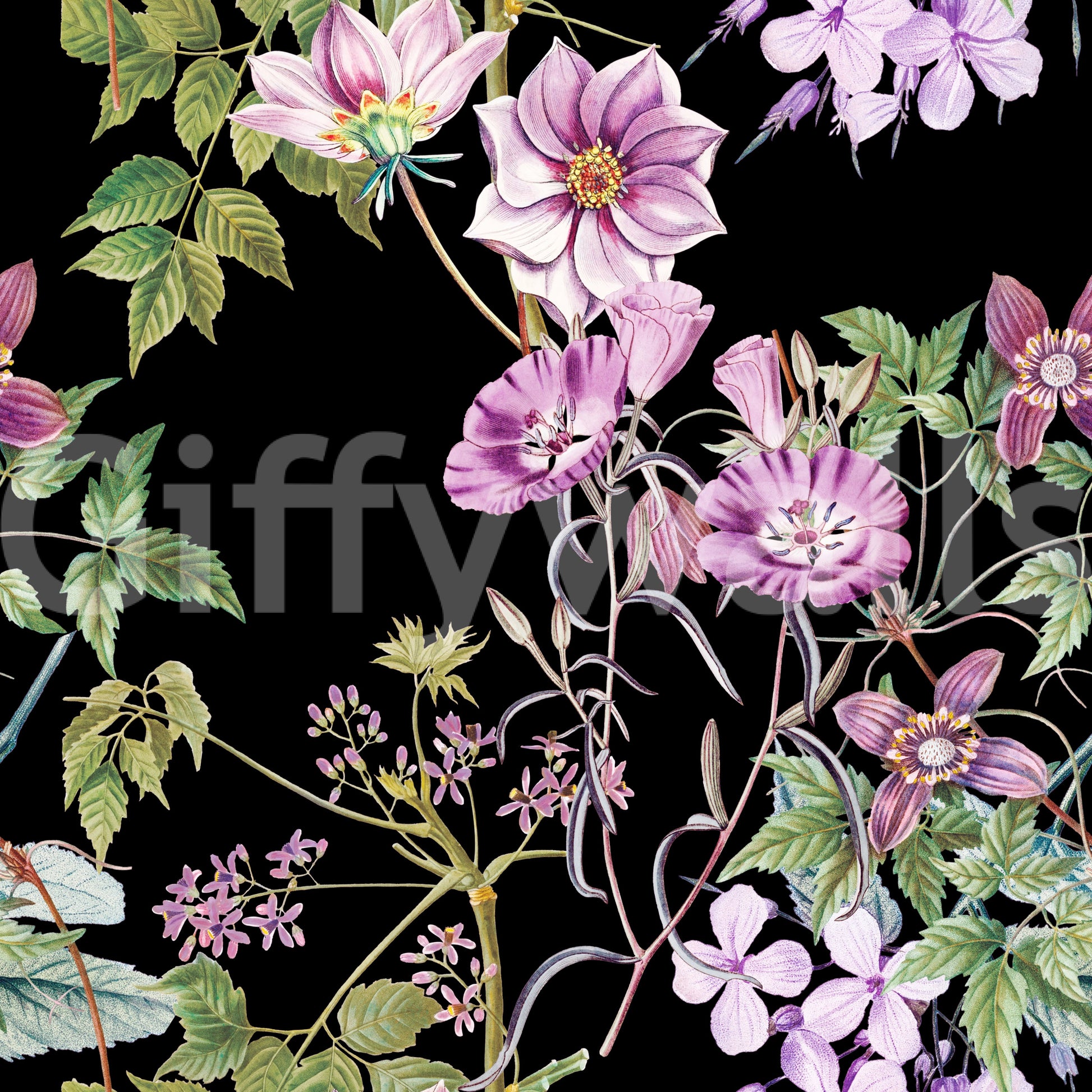 Decorative botanical wallpaper with Vine Embrace blooms and green leaves