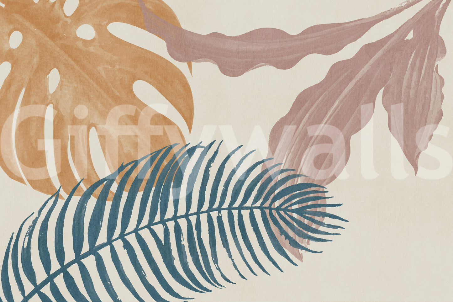 Painterly monstera and palm shapes meet on the Subtle Botanical Flow wall mural.

