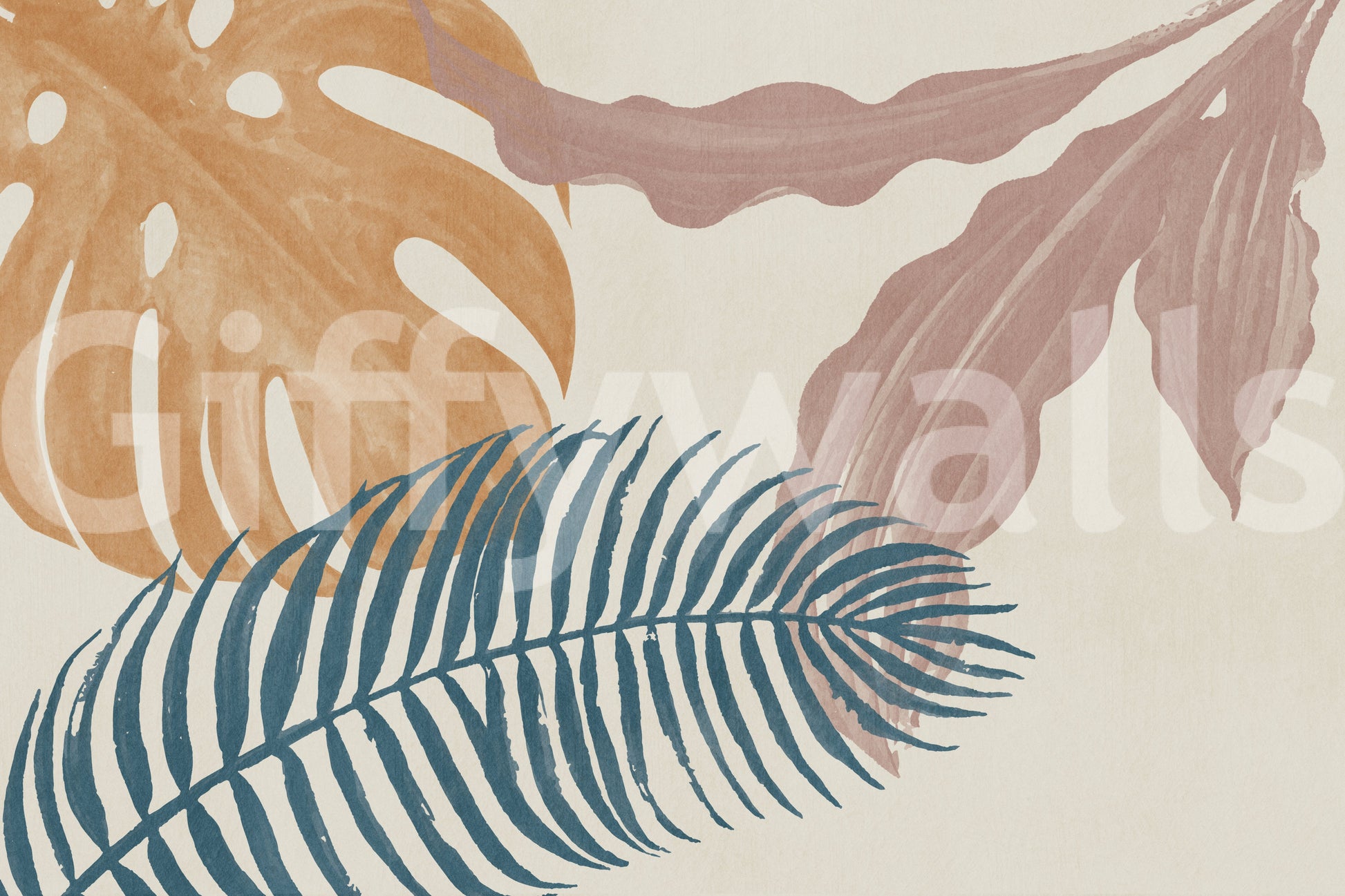 Painterly monstera and palm shapes meet on the Subtle Botanical Flow wall mural.
