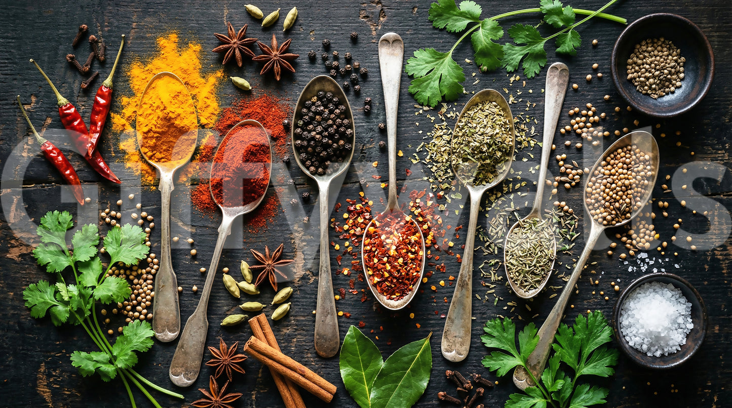 Rustic food styling appears in this spice kitchen wall mural design