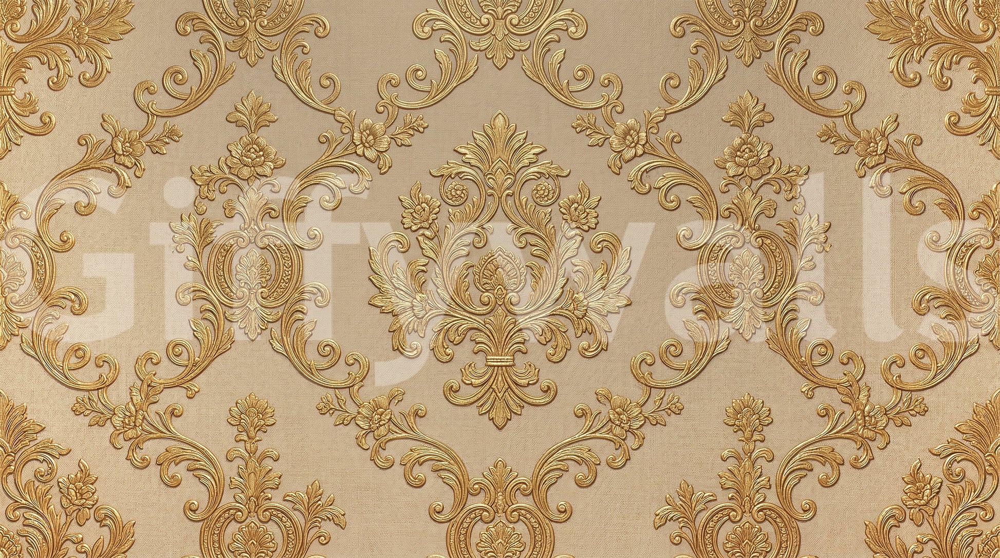 Vintage floral mural with gold detailing on textured beige base