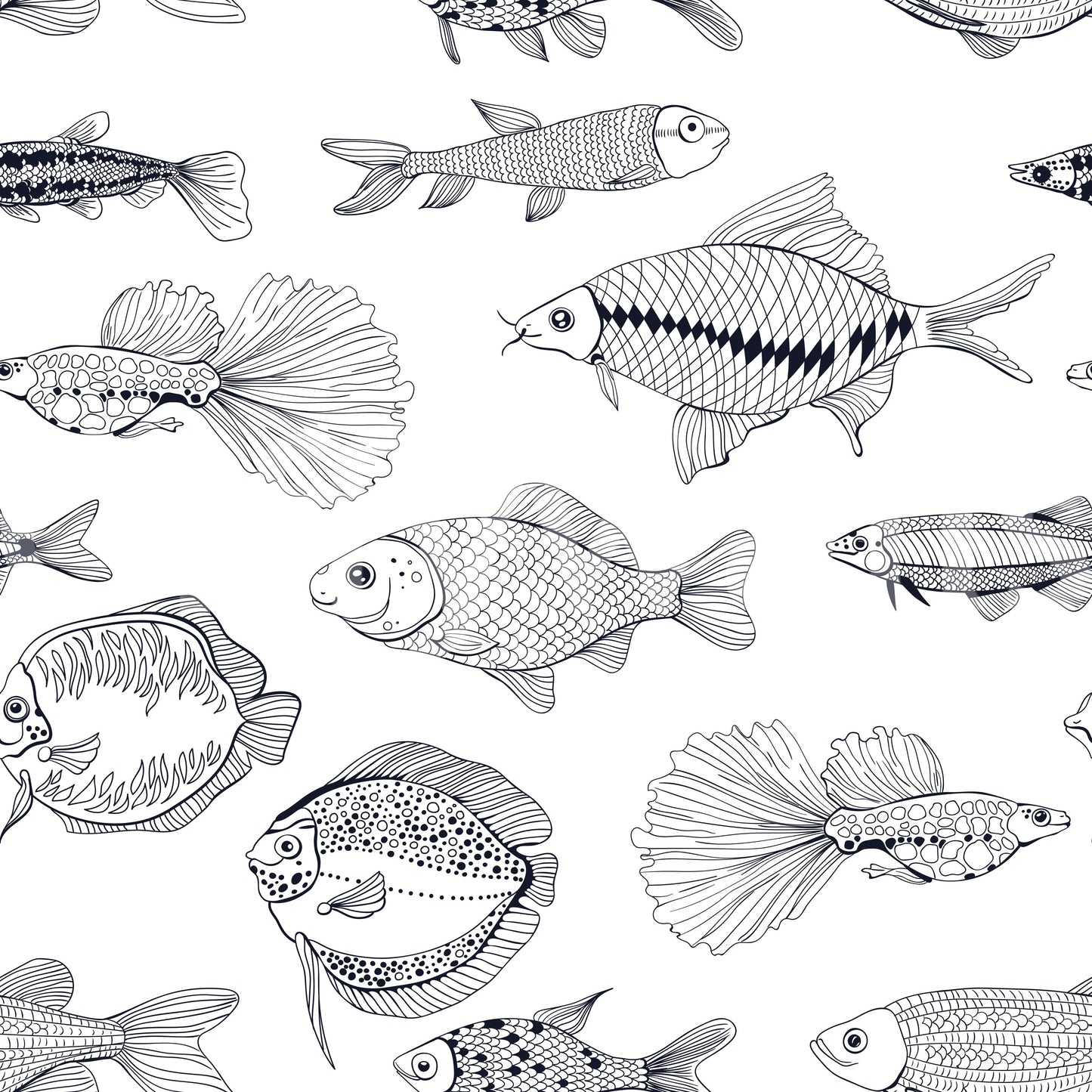 Modern Hand - Drawn Fish Line Art /Black and White Nautical Pattern Wallpaper⁠