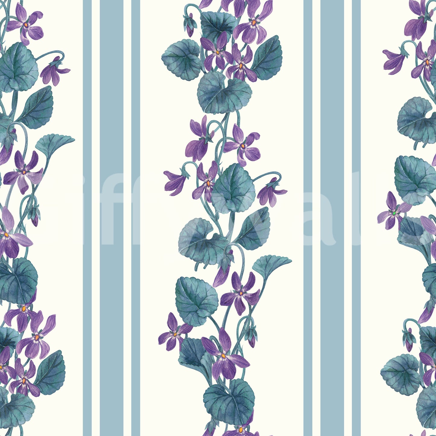 Floral stripe wallpaper showing violets, leafy vines, and soft blue lines