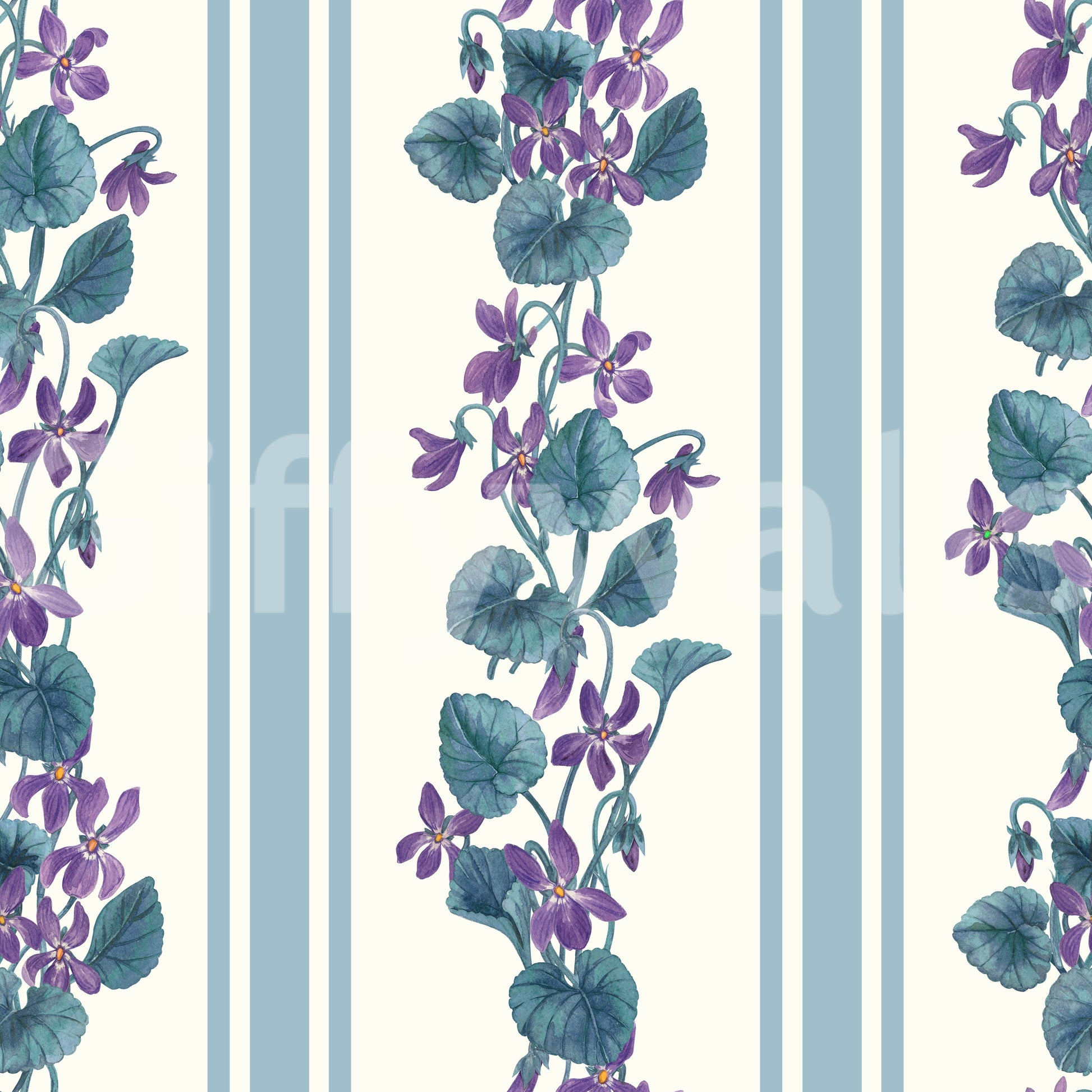 Floral stripe wallpaper showing violets, leafy vines, and soft blue lines