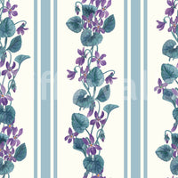 Floral stripe wallpaper showing violets, leafy vines, and soft blue lines